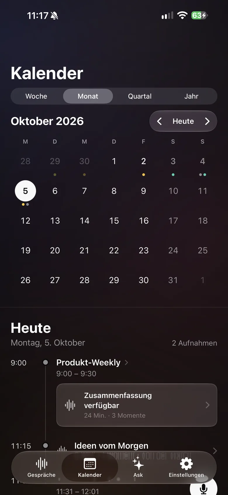 Der Kalender von Verba auf dem iPhone in der Monatsansicht, mit den heutigen Meetings.
