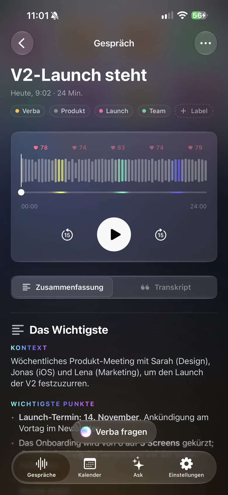 Verba auf dem iPhone: ein Gespräch mit Audioplayer und Zusammenfassung.