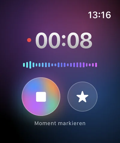 Laufende Aufnahme auf der Apple Watch, Timer bei 00:08.