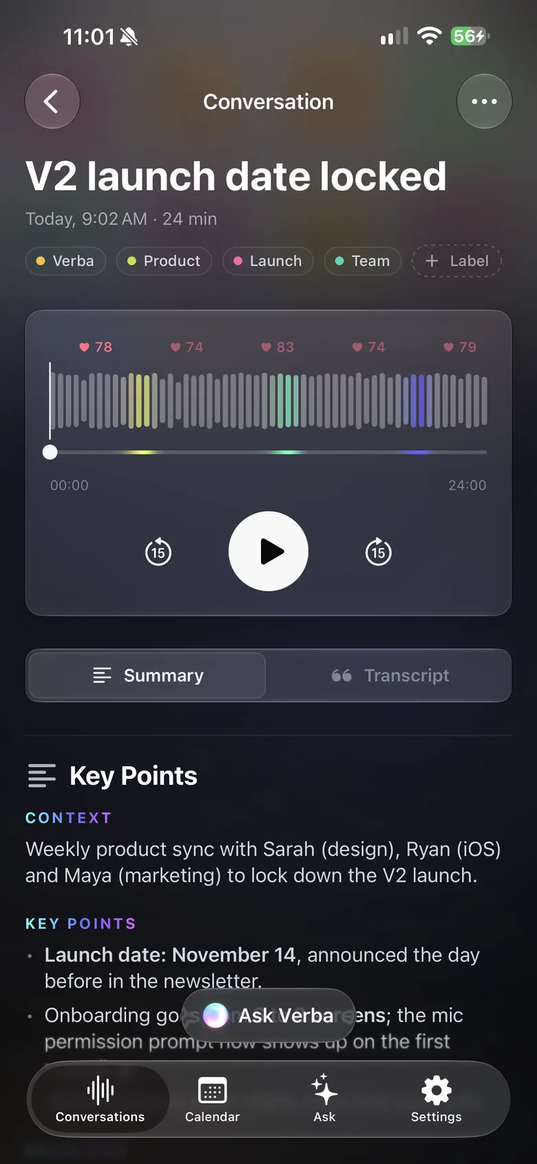 Verba on iPhone: a conversation with its audio player and summary.
