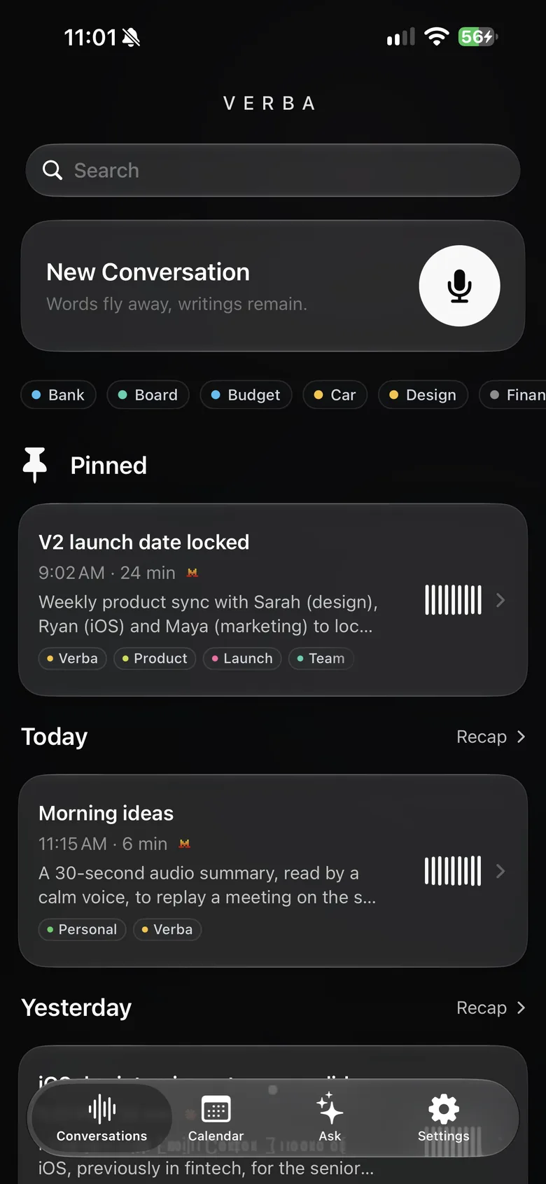 Verba home screen on iPhone: new conversation, labels and pinned conversations.
