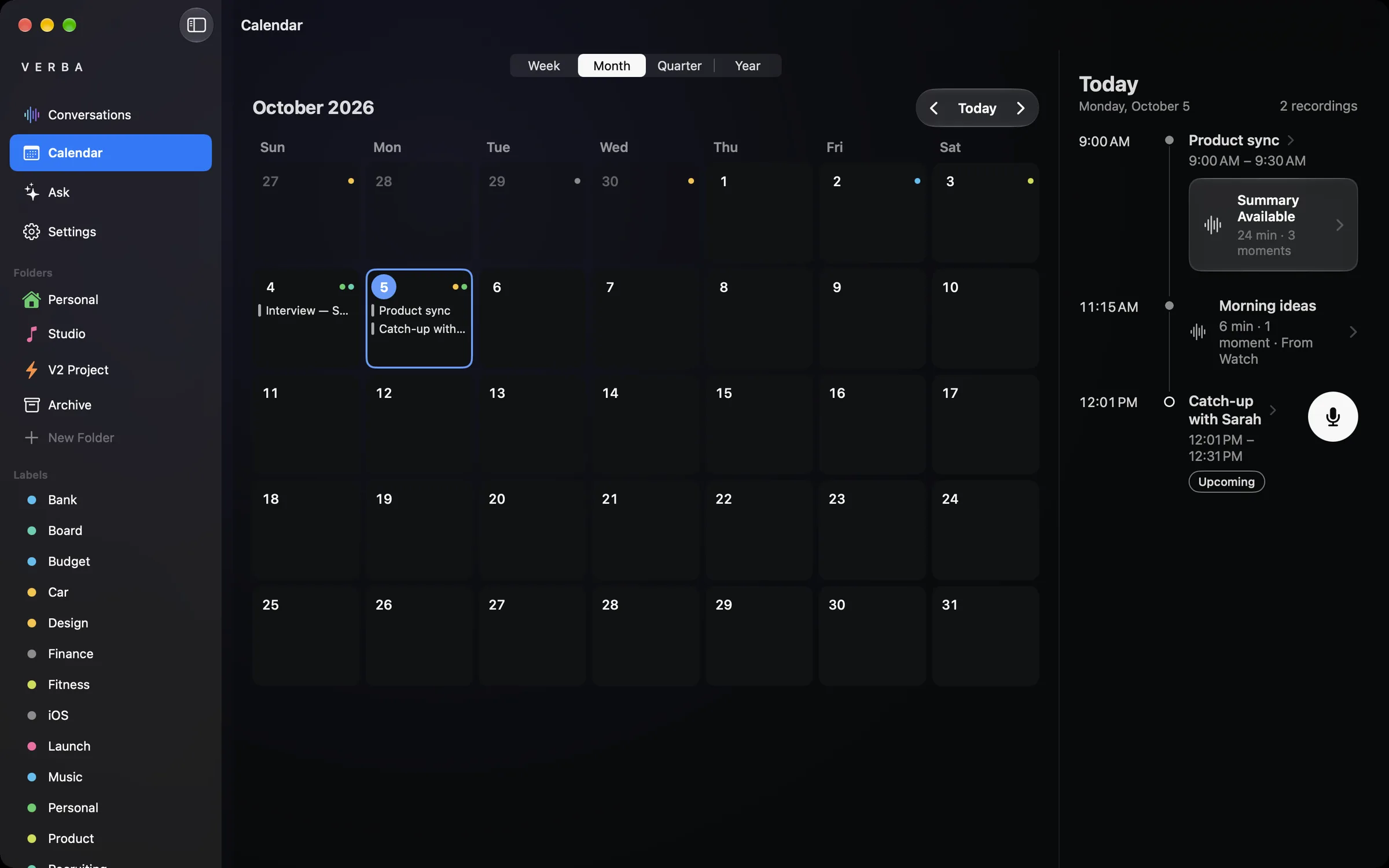 Verba’s calendar on Mac, month view, with today’s meetings.