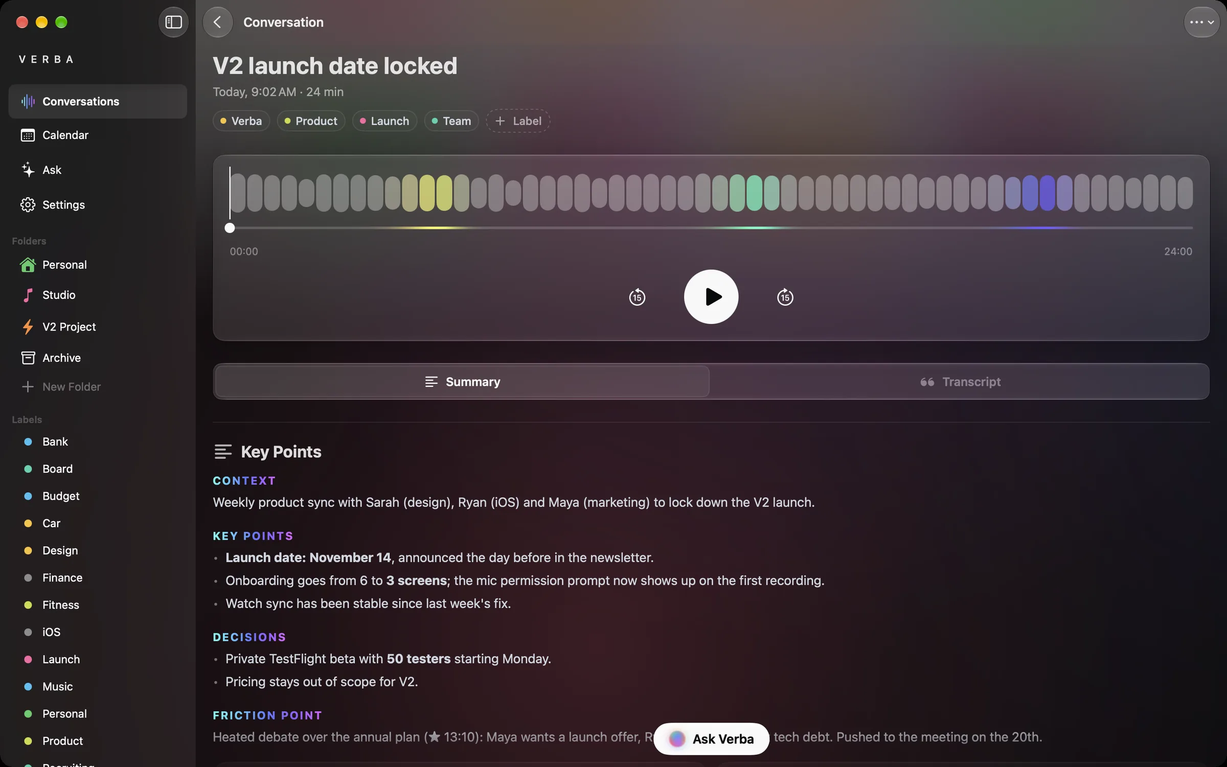 A conversation on Mac: audio player and summary.