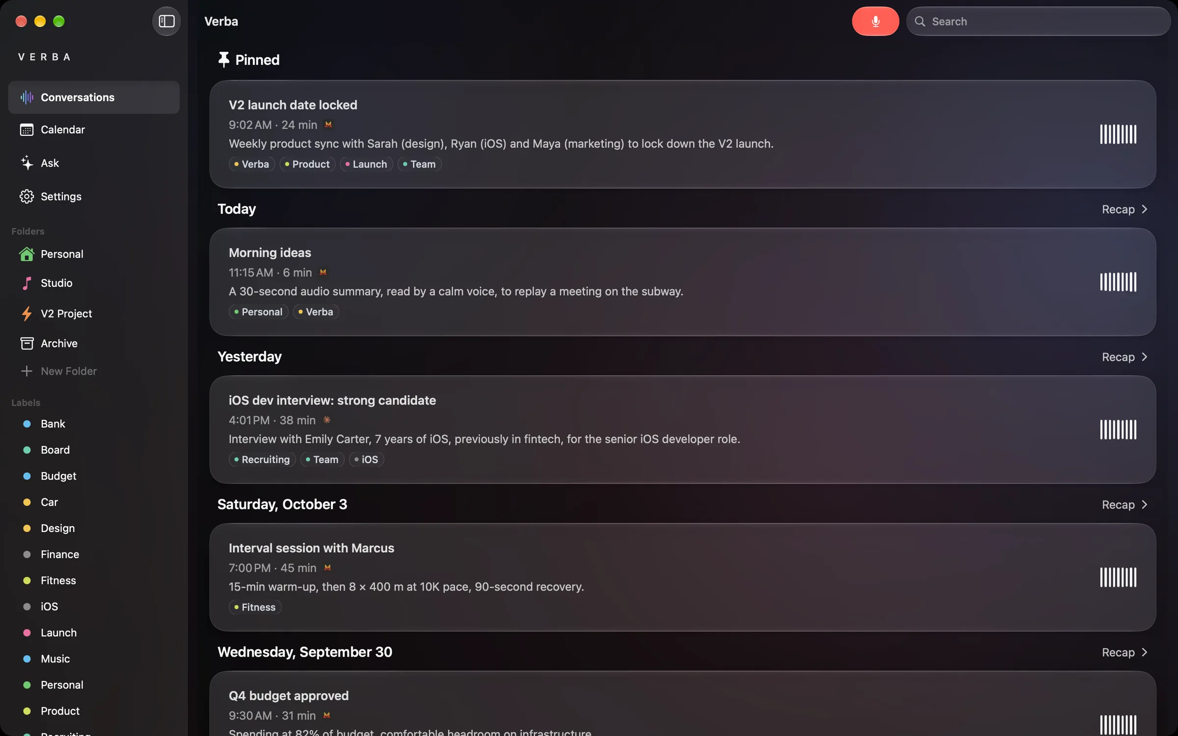 Verba on Mac: sidebar with folders and labels, pinned and today’s conversations.