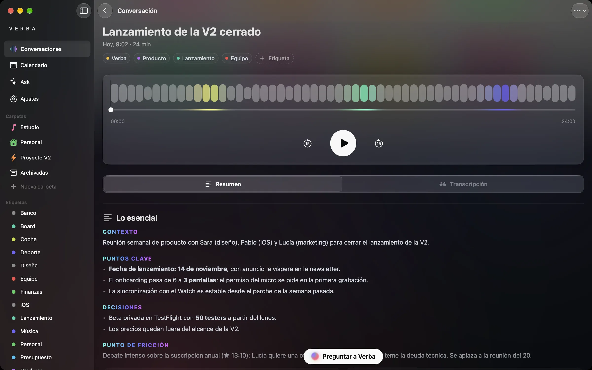 Una conversación en Mac: reproductor de audio y resumen.