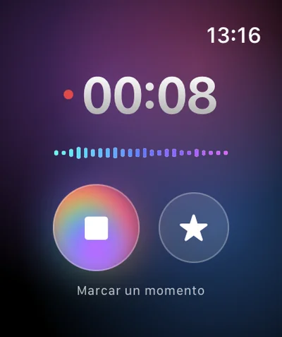 Grabación en curso en Apple Watch, cronómetro en 00:08.