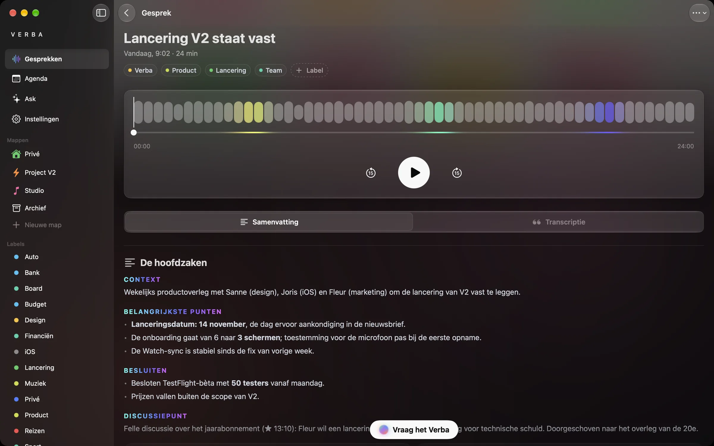 Een gesprek op Mac: audiospeler en verslag.