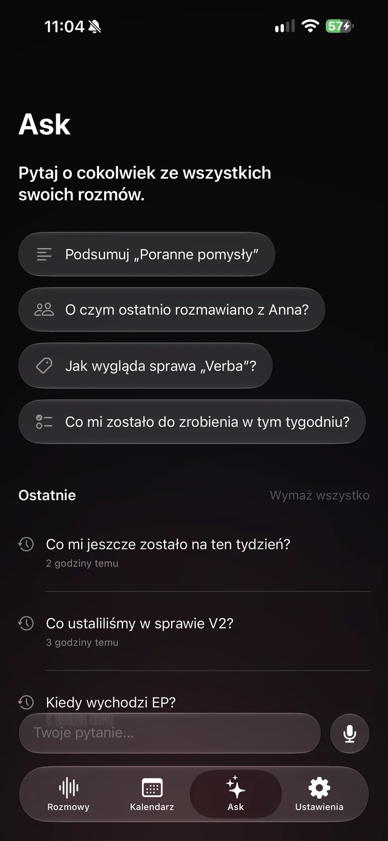 Ask na iPhonie: sugerowane pytania i ostatnie pytania.