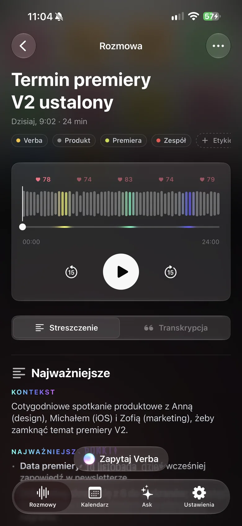 Verba na iPhonie: rozmowa z odtwarzaczem audio i streszczeniem.