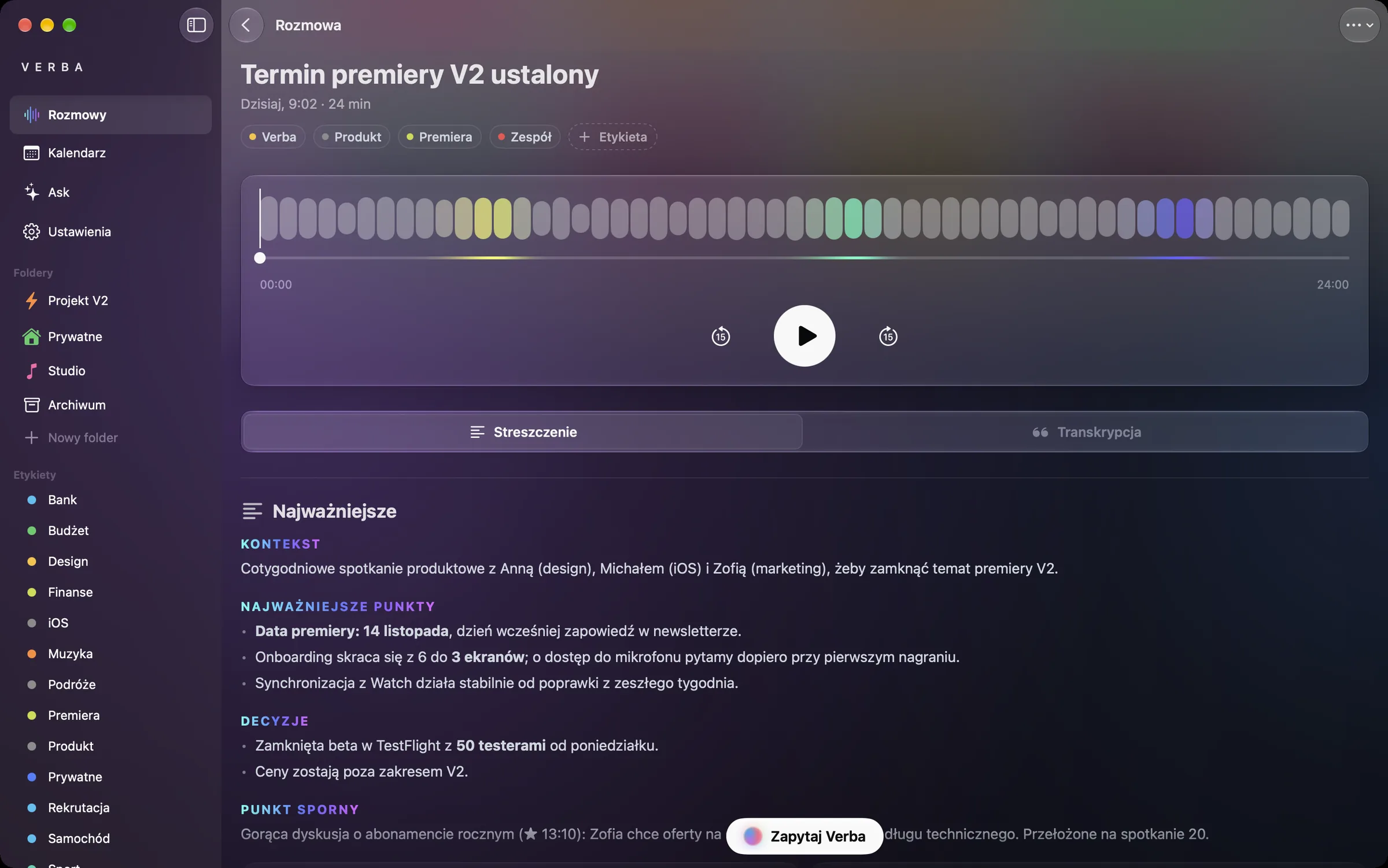 Rozmowa na Macu: odtwarzacz audio i podsumowanie.