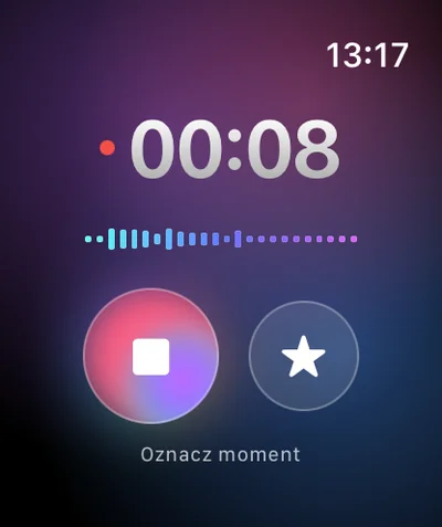 Trwające nagranie na Apple Watch, licznik na 00:08.