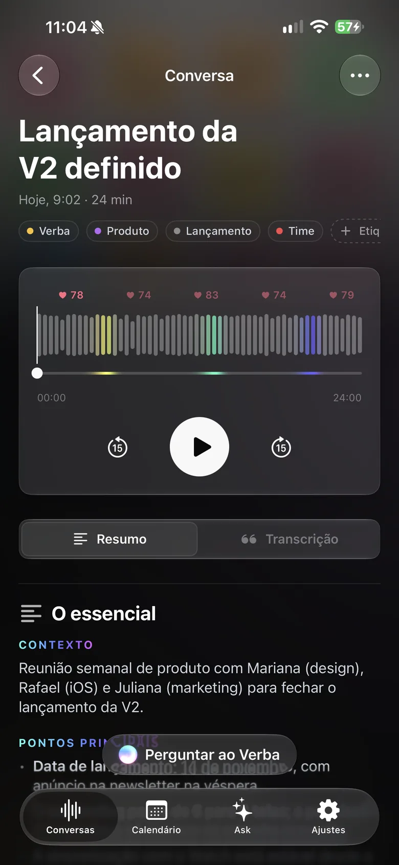 Verba no iPhone: uma conversa com o player de áudio e o resumo.