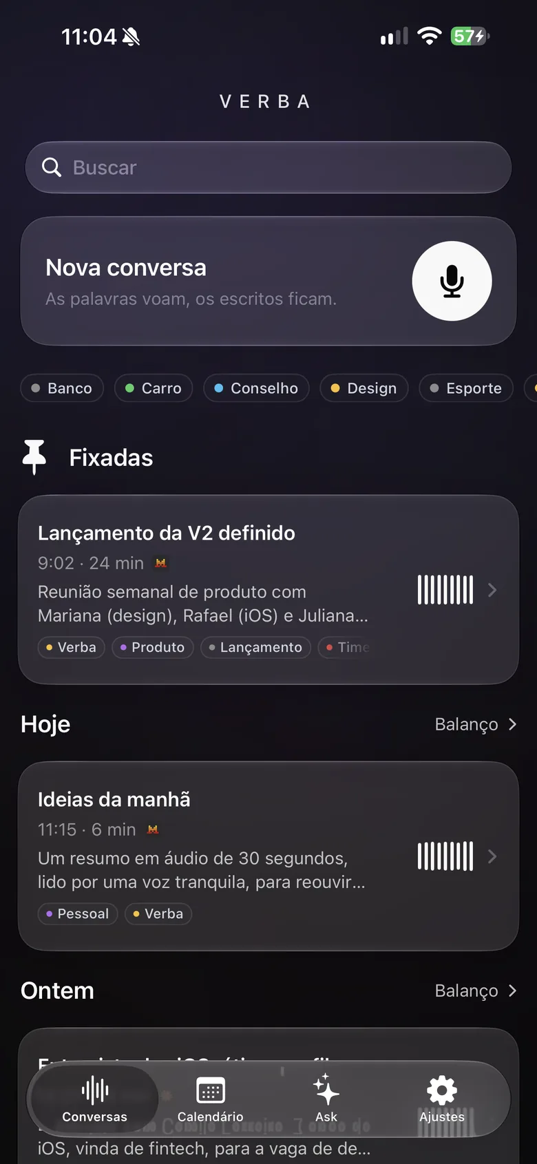 Tela inicial do Verba no iPhone: nova conversa, etiquetas e conversas fixadas.